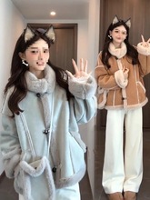 翻领毛毛外套女短款新款秋冬韩版宽松机车服加厚皮毛一体上衣