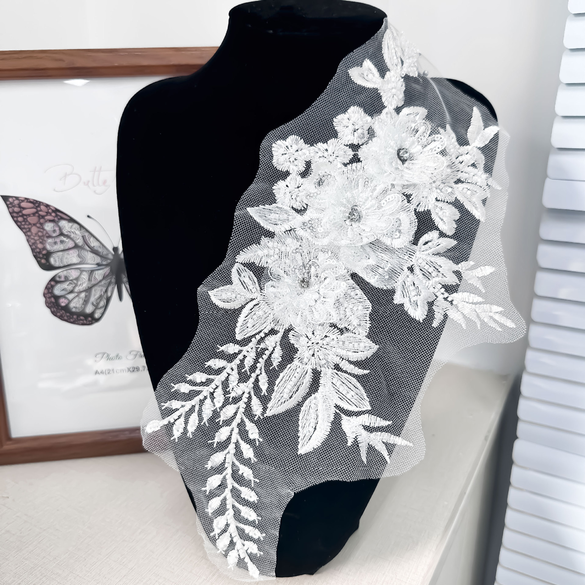 跨境爆款网纱白色刺绣钉钻对花布贴女装童装汉服婚纱配饰辅料现货