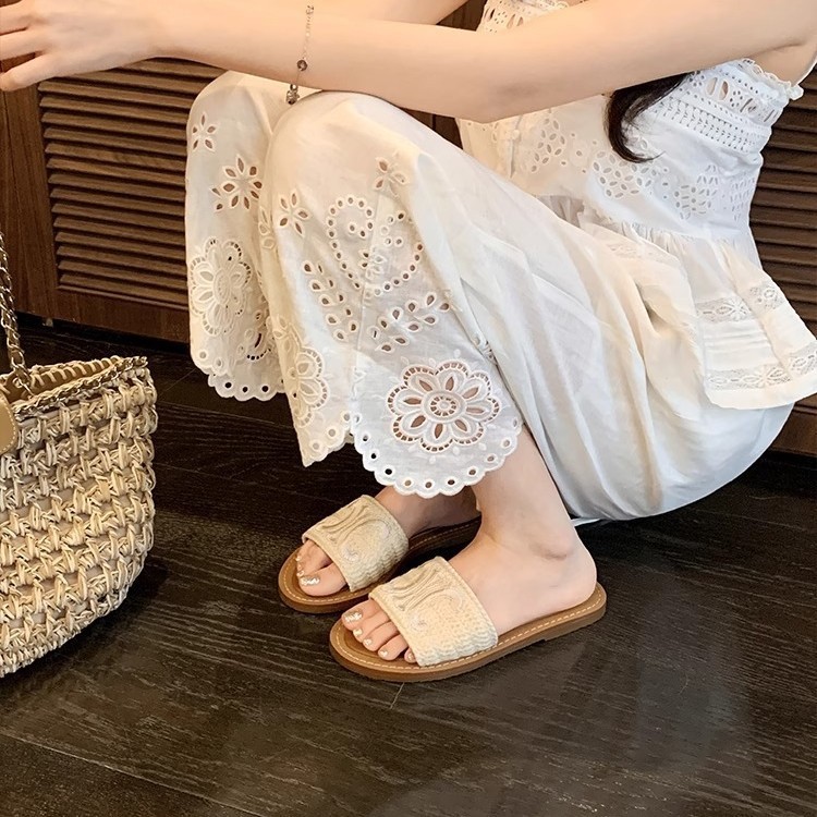 シープスキンバージョン〜凱旋門刺繍織りフラットスリッパ女性のアウターウェア気質2025夏の新しいフレンチサンダル|undefined