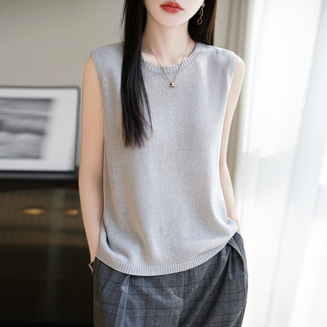 亚麻针织背心新款2025夏季外穿纯色套头垂感圆领女式无袖针织衫