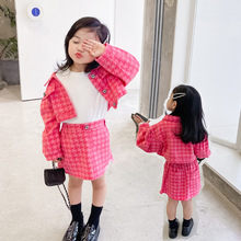 韩国童装2021春秋女童玫红泡泡袖牛仔上衣+做旧半身裙两件套套裙