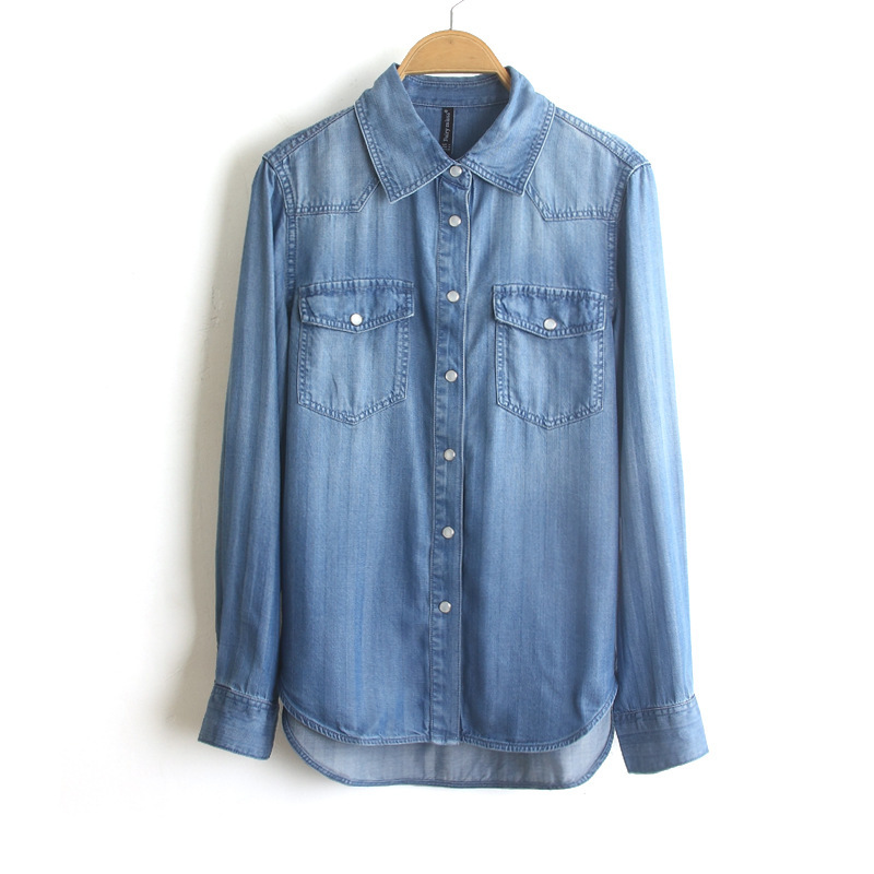 2619 # 25 Autumn Style Vertical Stripesd Pearl Button Denim Shirt Lapel Long-Sleeved Lyocell Fabric Shirt for Women