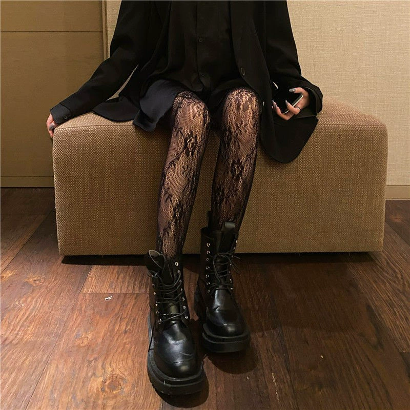 lace retro tights women, lolita style, white base — autumn one size floral pattern