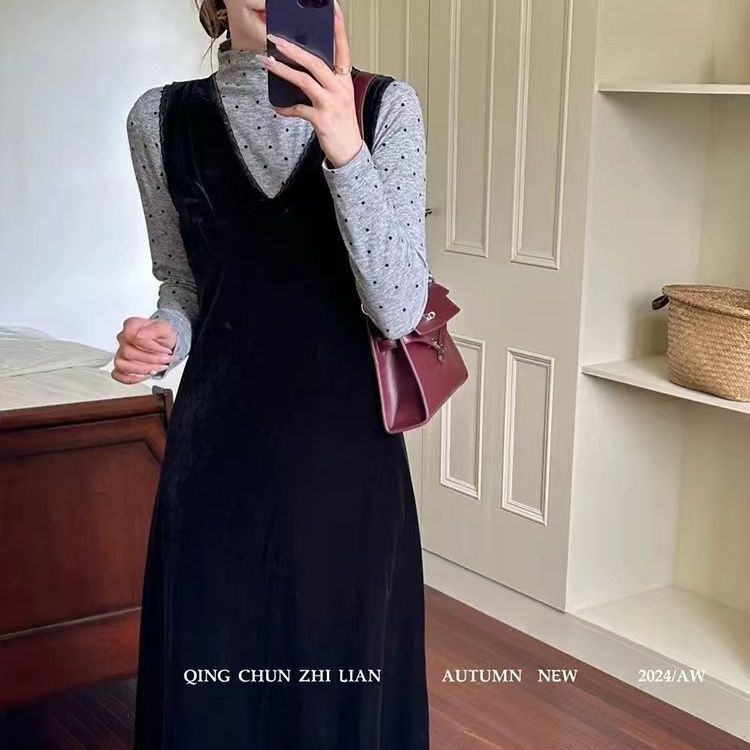 甜辣蕾丝拼接背心连衣裙套装2025女秋半高领波点恤辣妹收腰裙子|undefined