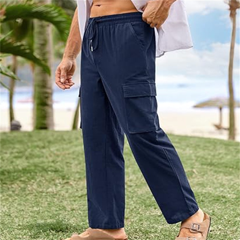 Men's cotton and linen tooling breathable elastic waist drawstring casual loose summer beach pants