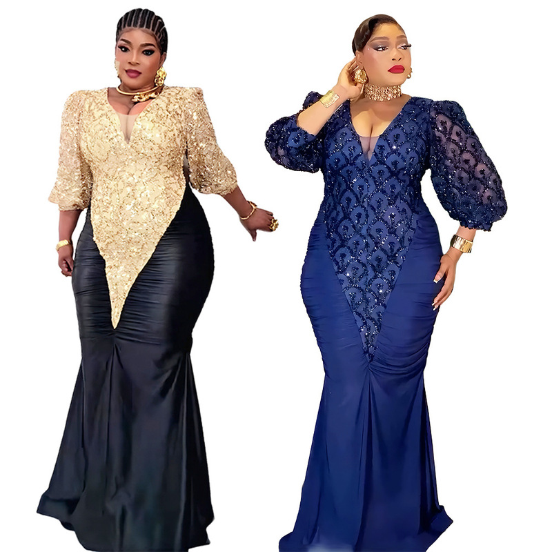 Cross-Border African Plus-Size Women's Clothing V-Neck Fishtail Dress European and American New Style Patchwork Color-Blocking Dress Sequin Evening Gown