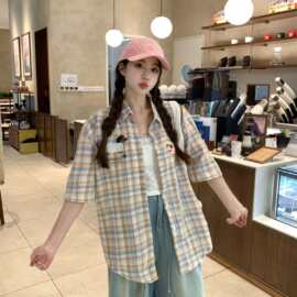 实拍美式趣味小狗毛巾绣格子短袖衬衫女夏季宽松休闲衬衣女上衣