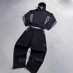 欧美跨境街头拼接撞色连帽卫衣套装秋冬嘻哈潮流休闲宽松运动卫裤