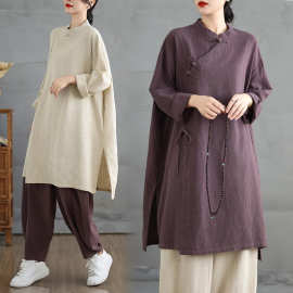 禅服女棉麻禅意素衣长袍新中式斜襟上衣寺院居士服禅修服长袖佛系
