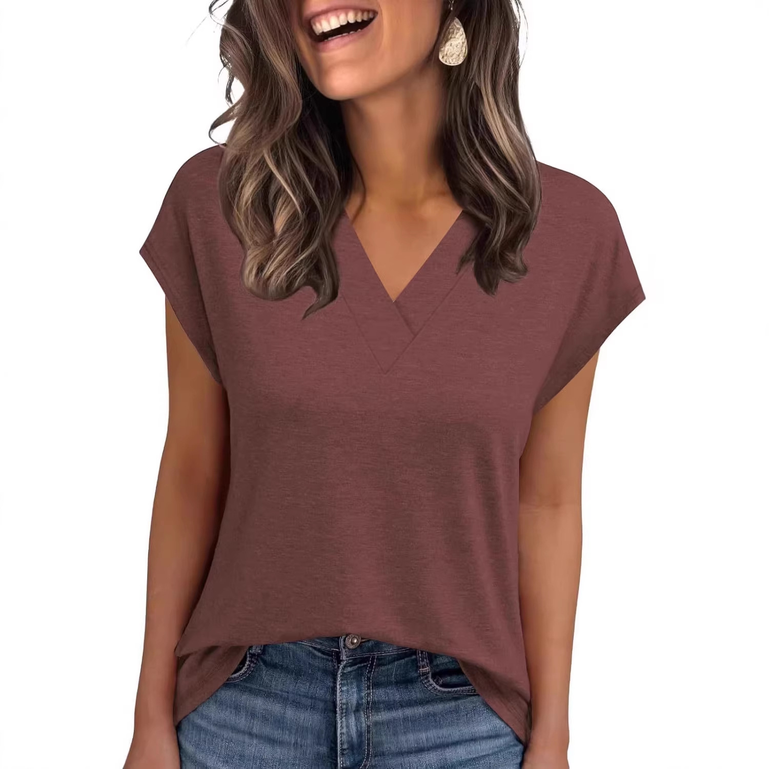 2026 Women Summer Casual V Neck Cap Sleeve Basic Tops_ecoleips.com