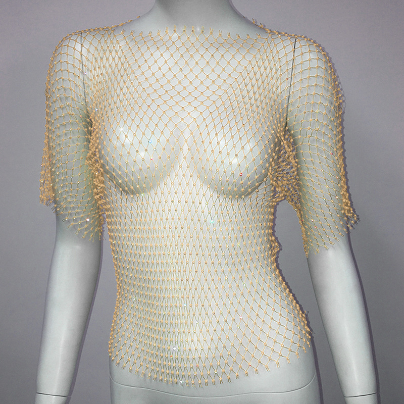 De Europa y América transfronteriza de las mujeres calientes de malla de diamantes de imitación red de pesca de manga larga Sexy Slim rhinestone Top party chica caliente de manga larga