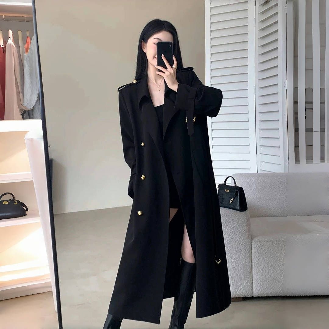Qadın üçün qara midi trench palto, britaniya üslubu