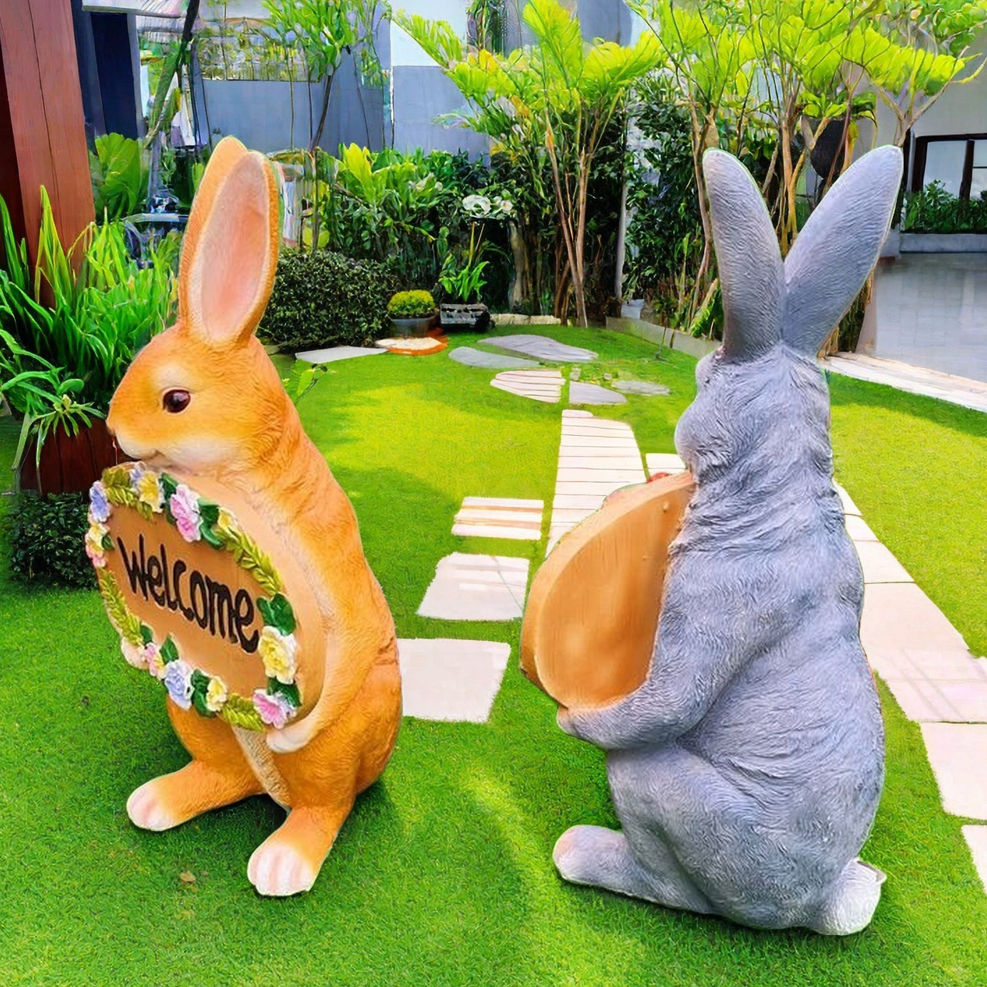 国境を越えたかわいいウサギの歓迎ブランド動物樹脂が庭の装飾工芸品を飾って庭の屋外庭園を飾る