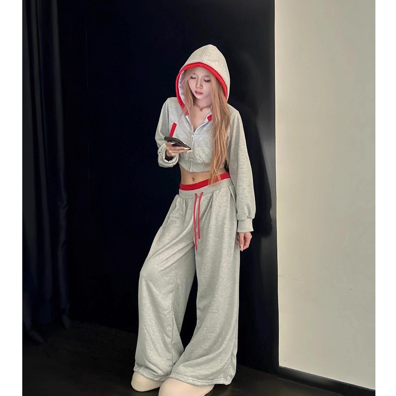 美式ins辣妹短款运动连帽卫衣套装女秋季韩版慵懒感可外穿家居服|undefined