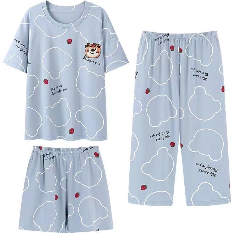 Home Short-Sleeved Shorts and Trousers Three-In-One Pajamas Three-Piece Set for Women Summer Korean Style Cartoon Loose Women's Home Clothes Home Short-Sleeved Shorts and Trousers Three-In-One Pajamas Three-Piece Set for Women Summer Korean Style Cartoon Loose Women's Home Clothes
