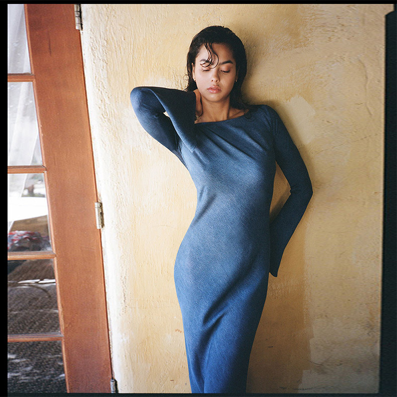 Spot 720 Summer New Style 2024 Blue Sexy Silk Blue Long-Sleeved Long Dress Sun Protection Holiday Style for Women