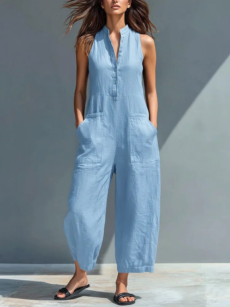 Women's Casual Sleeveless Stand Collar Jumpsuit With Pockets_voghion.com