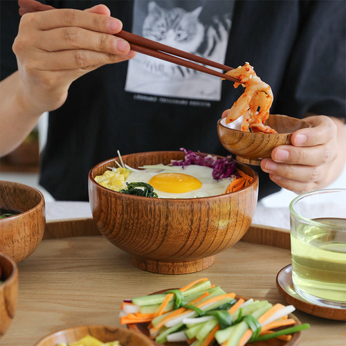 Li Ziqi style eating show wooden bowl, jujube wood rice bowl, baby complementary food wooden bowl, salad and fruit bowl, retro bowl set
