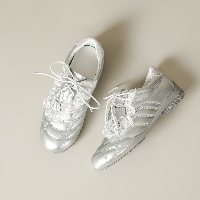 Cowhide Version 2026 Spring New Style Silver Diagonal Strap Lace Trim Design German Training Shoes Comfortable Sports Ballet Shoes for Women