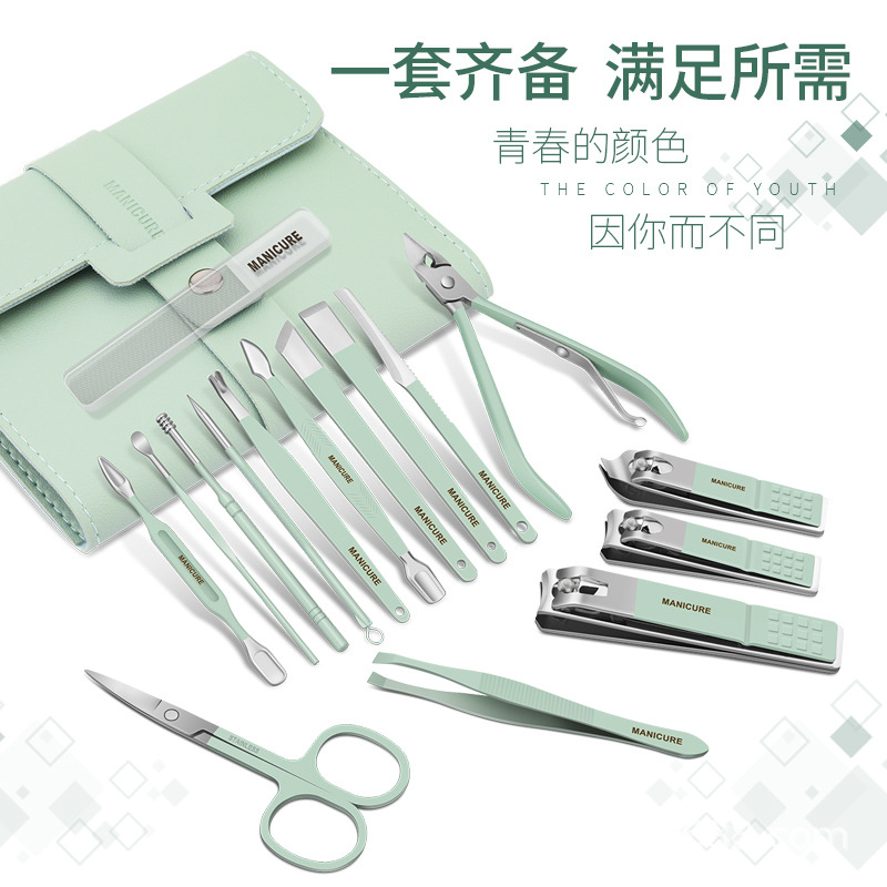 Fabricante en stock bolso plegable verde cortauñas de acero inoxidable traje cortauñas herramientas de manicura