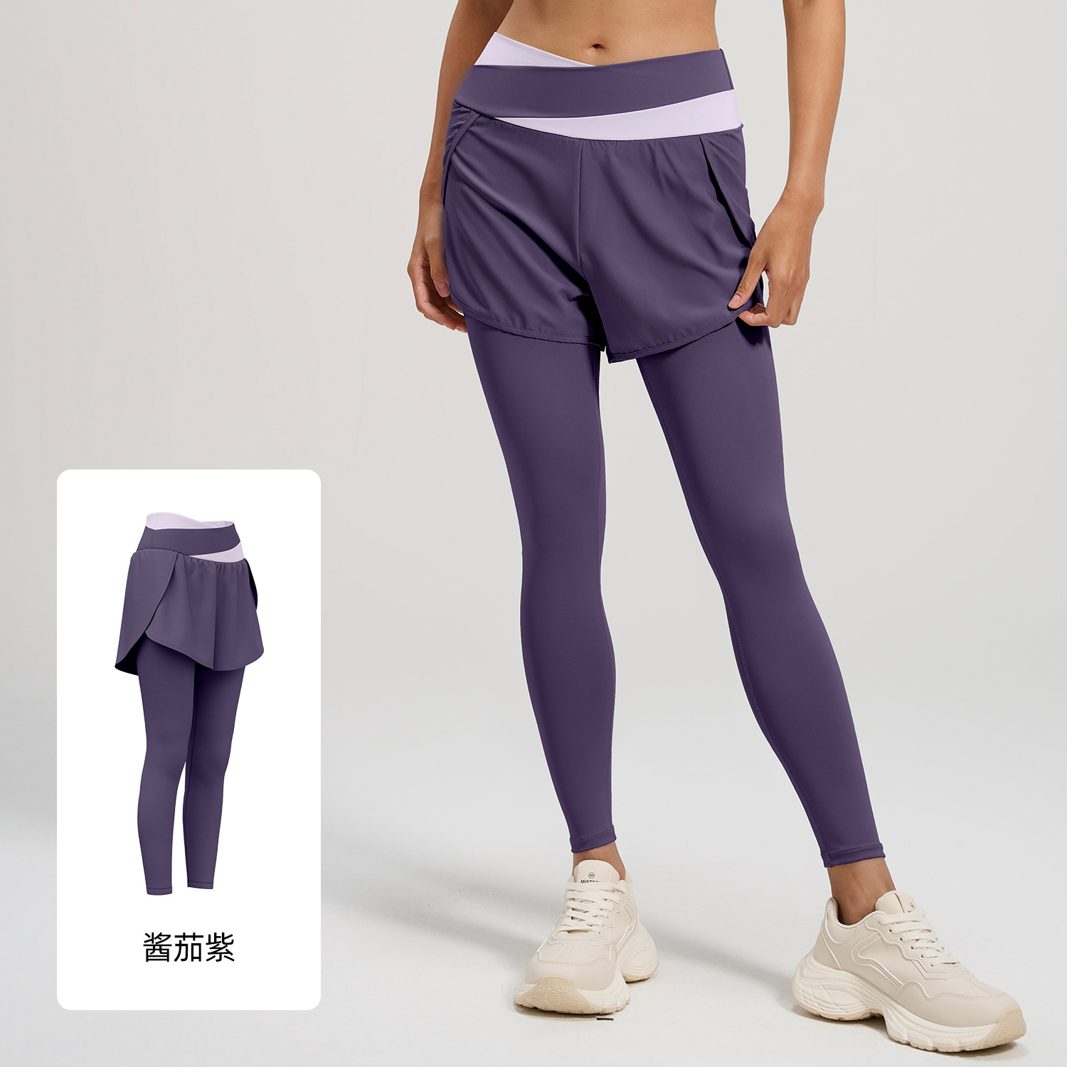 Pantalones de yoga Juyitang transfronterizos con bloques de color, efecto dos piezas, antiexposición, de cintura alta, control de abdomen, sensación de segunda piel, para mujer