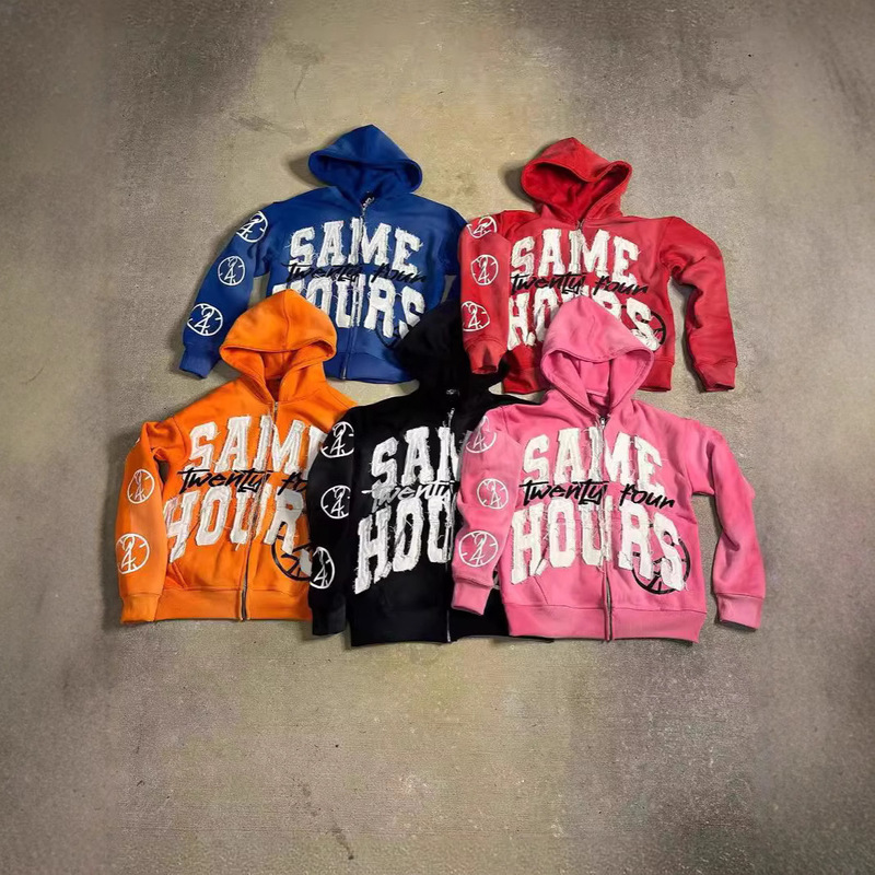 American Retro Alphabet Sticker Printed Street Hip Hop Heavy Hooded Sweater Cardigan Design High Street Jacket