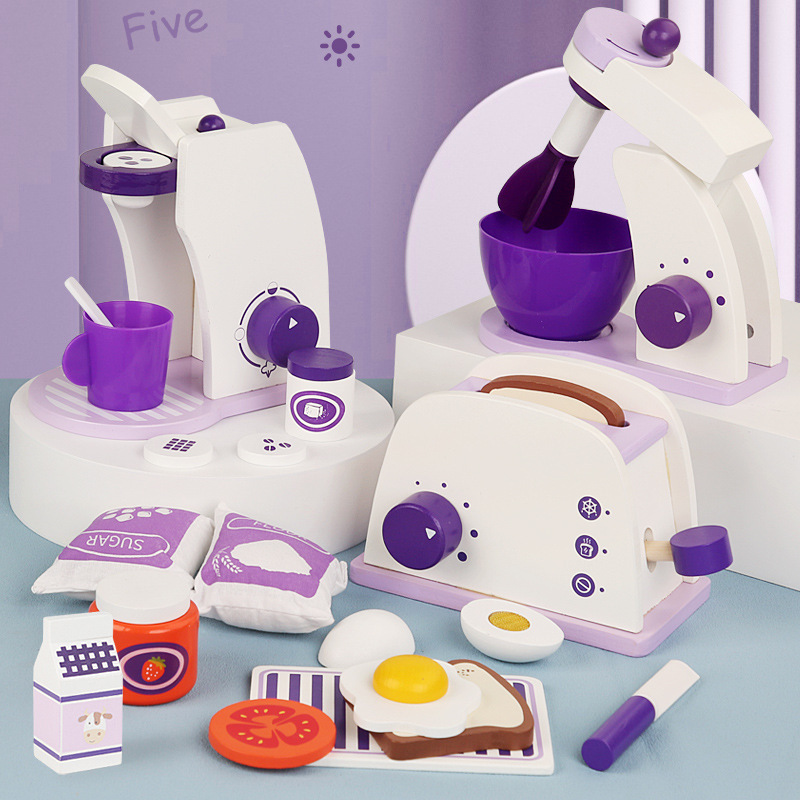 Children's kitchen simulation bread machine blender coffee machine combination boys and girls kitchen play house wooden toys Children's kitchen simulation bread machine blender coffee machine combination boys and girls kitchen play house wooden toys