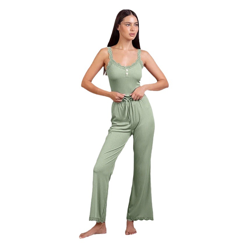 Traje de pantalones de tirantes de encaje de servicio a domicilio transfronterizo de estilo europeo y americano, pijamas cómodos elásticos para mujeres casuales en el hogar se pueden usar afuera