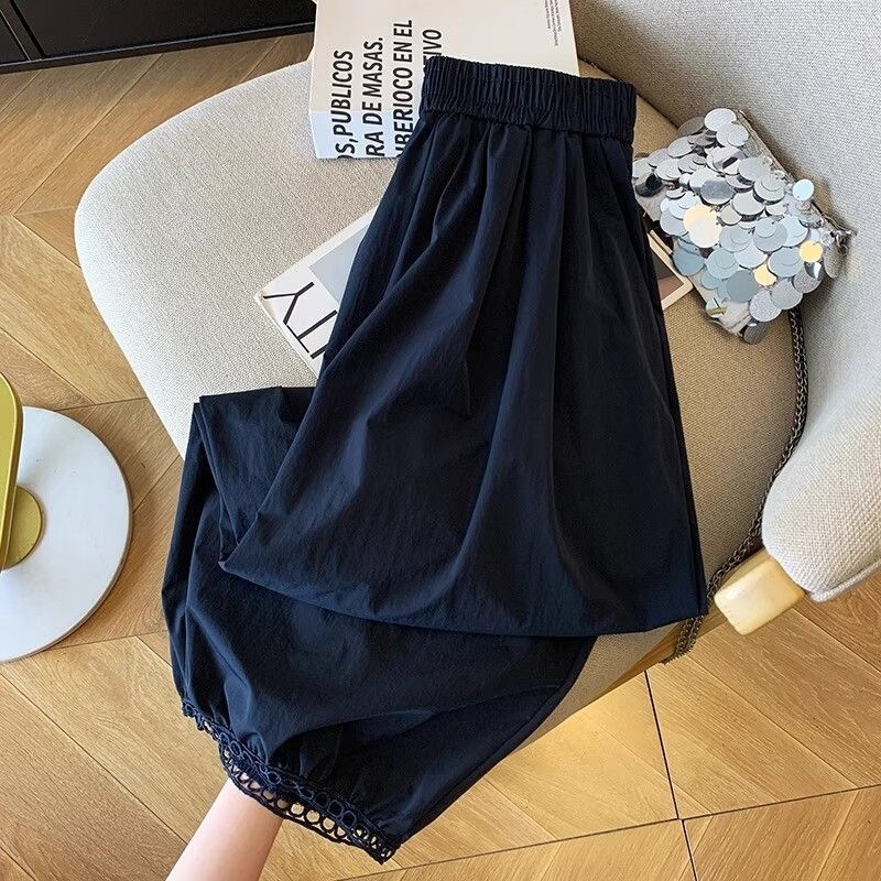 Navy Blue Ice Silk Cropped Wide-Leg Pants for Women, Summer Thin Casual Harem Pants, Loose and Relaxed Style, Balloon Pants