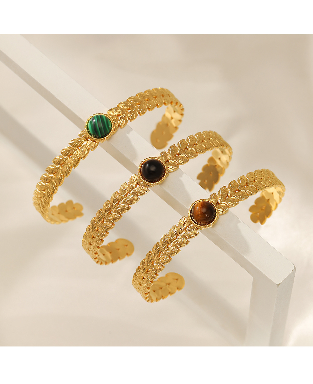 Fashion Grain Stainless Steel Plating Inlay Natural Stone Bangle 1 Piece