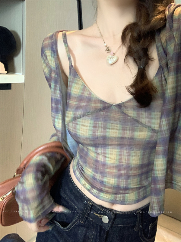 复古格纹长袖开衫外套女秋季休闲套装辣妹短款吊带背心上衣两件套|undefined
