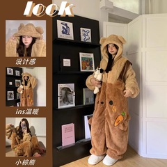 ふわふわ可愛いクマ柄パジャマ、裏起毛厚手保温コーラルフリースワンピースパジャマ、漫画風インスタ映えルームウェア、ナイトガウン
