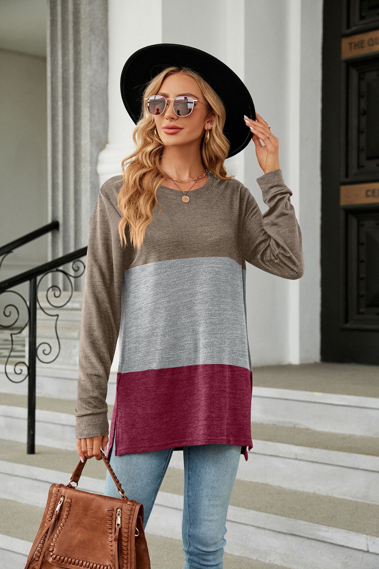 V-neck Long Sleeve Patchwork T-shirt Top - Image 5
