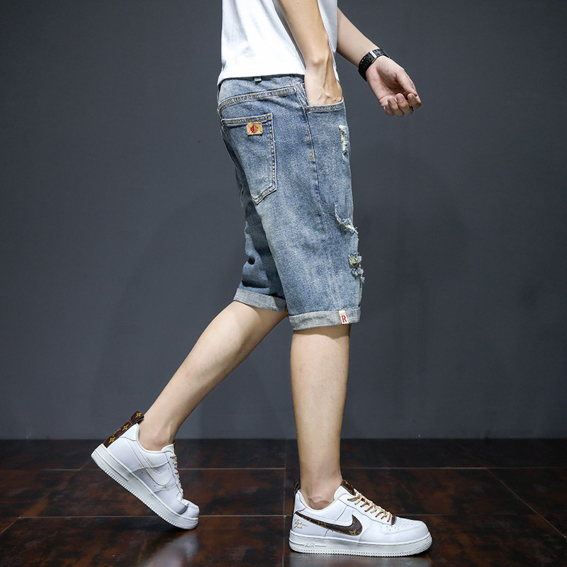 Men's 2023 Denim Shorts Ripped Summer Thin Trendy Loose Shorts Cropped Straight Casual Pants