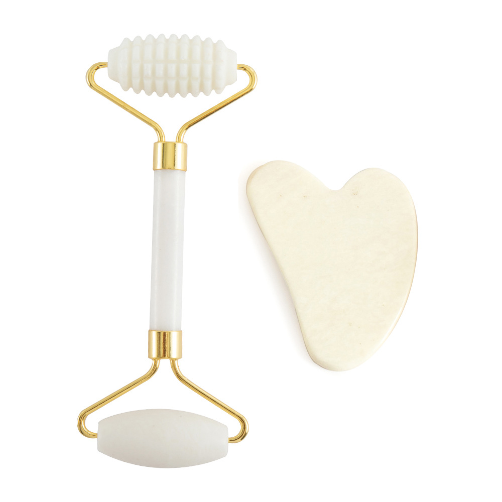Juego de tres piezas de rodillo de jade natural y tabla de gua sha, dispositivo de belleza para masaje facial, lámina de gua sha facial, fabricante de rodillos de jade