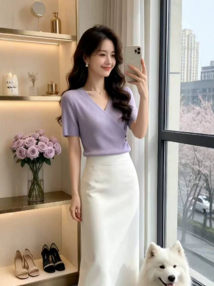 Áo thun nữ cổ chữ V phối chéo, tay ngắn, dáng suông, chất liệu len mỏng mùa hè — màu tím
