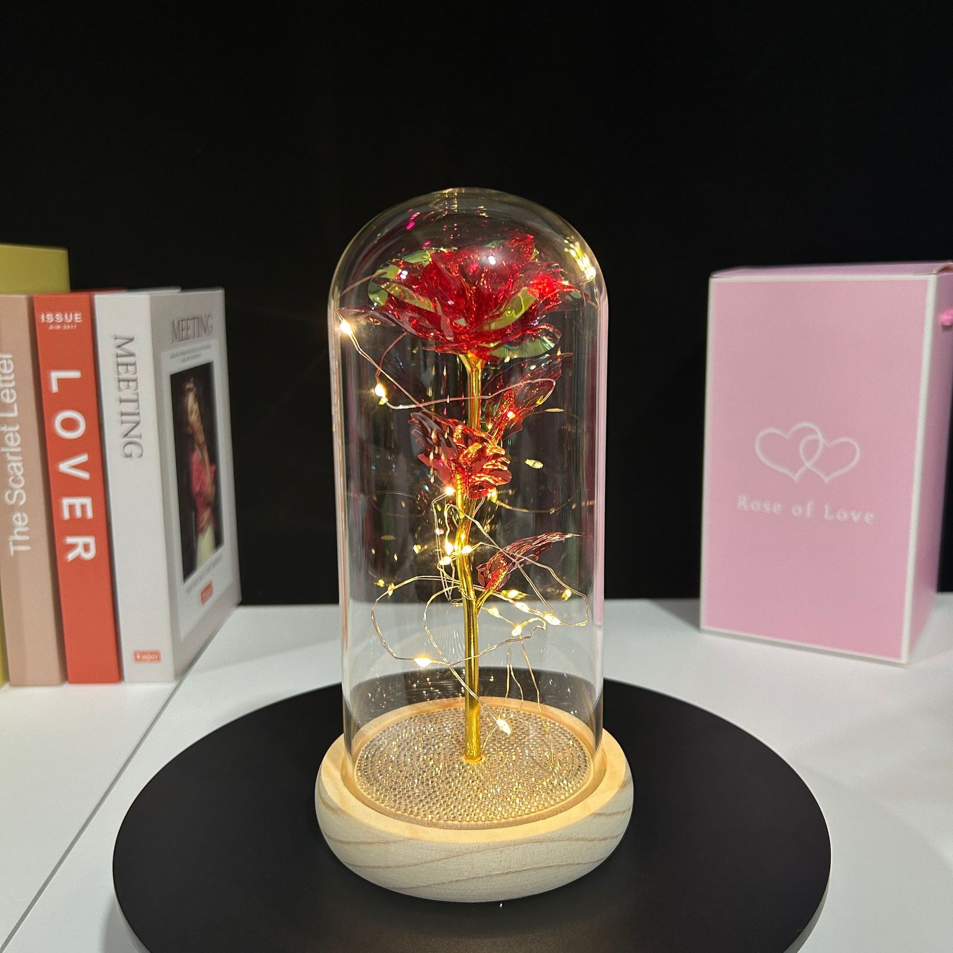 Adorno de cúpula de cristal con flor preservada, rosa seca en caja de regalo, regalo creativo para el Día de San Valentín, Navidad, para novia