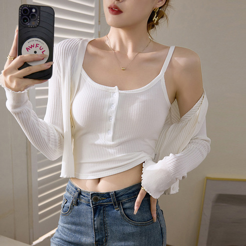 Cross-border short camisole buttoned vest for women summer 2024 new solid color fashionable inner bottoming top