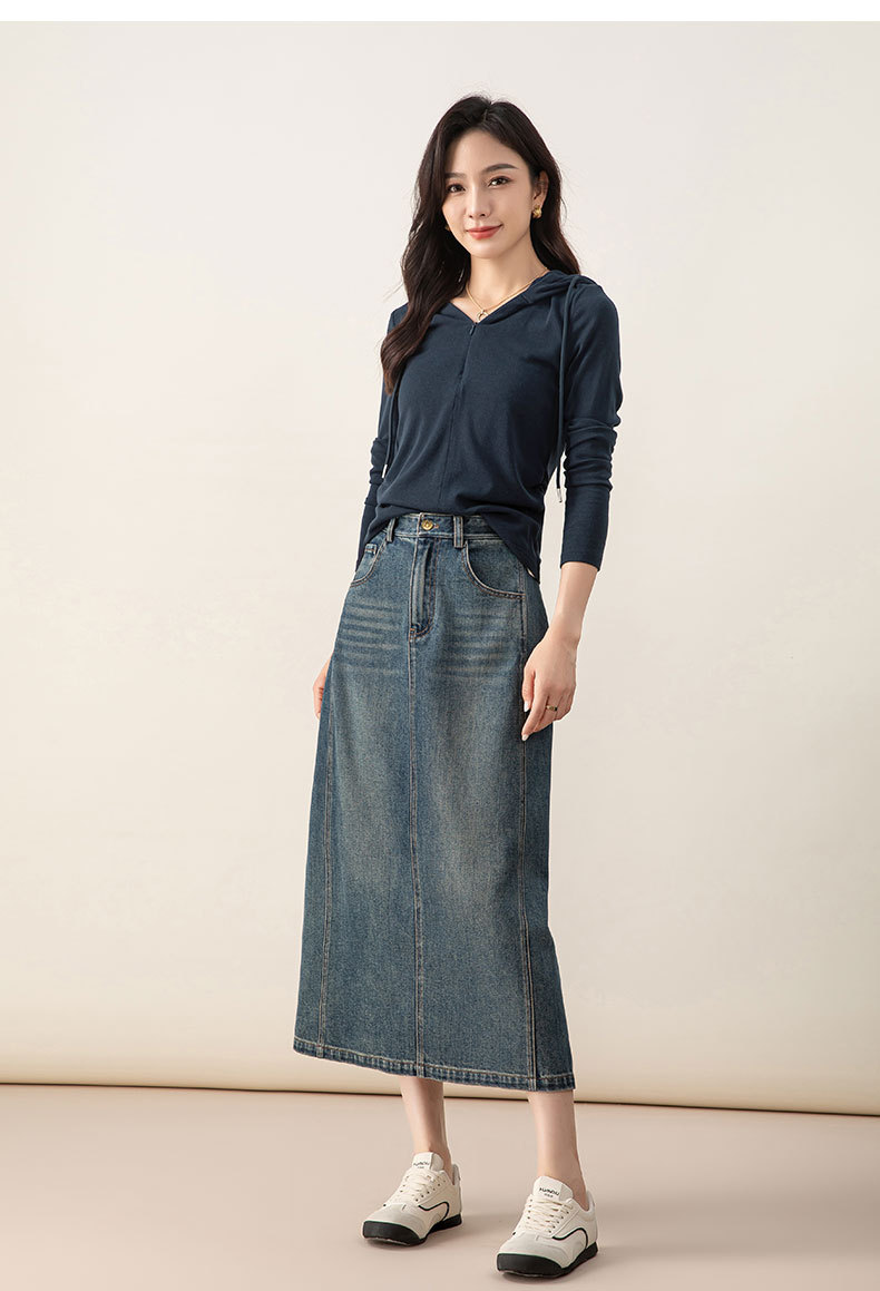Váy denim chữ A lưng cao cổ điển xẻ tà dài vừa phải — màu xanh chi tiết 18