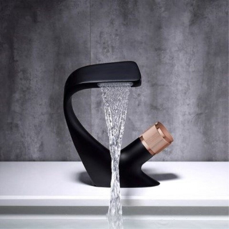 Cross-Border Black All-Copper Washbasin Faucet, Swan-Shaped Bathroom Sink Single-Hole Waterfall Hot and Cold Water Faucet