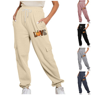 Amazon's New Cross-border Women's Pure Color Lace-up Flap Pocket Pants Pants Halloween Casual Leg-tie Thickeneded Sweatshirt Pants