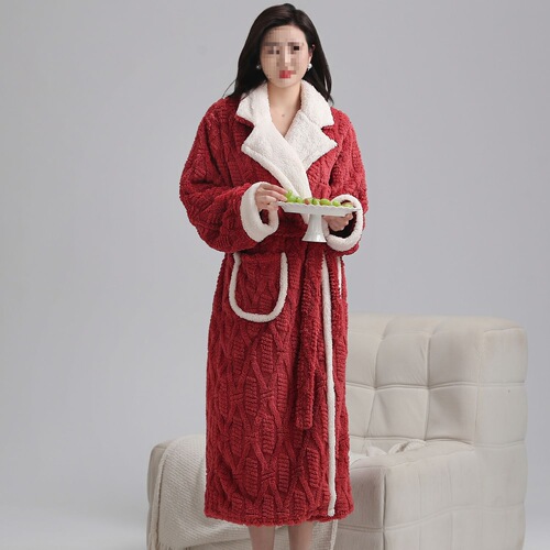 Coral Fleece Nightgown for Women, Autumn/Winter Thickened & Lengthened Flannel Bathrobe, Velvet-lined Pajamas for Beauty Salons and Hotels—Set of Two