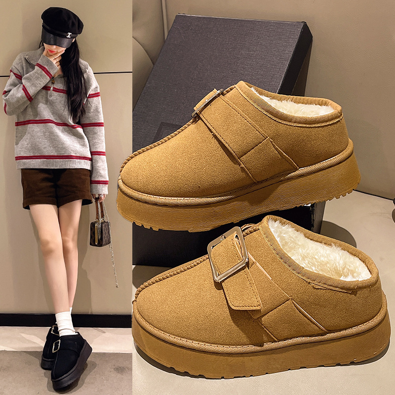 Foreign trade fur integrated cotton shoes 2024 new winter snow boots fleece-lined frosted leather casual warm cotton slippers for women