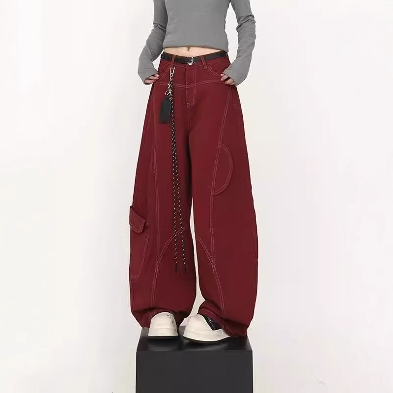 Trendy 2025 Spring and Autumn New Jeans with National Style Deconstructed Scimitar Design, Loose Floor-Length Pants, American Style