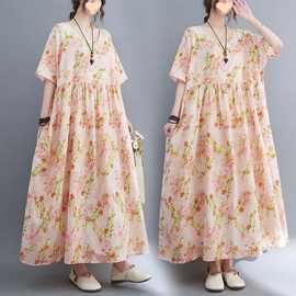 2025新款文艺减龄胖加大印花短袖宽松连衣裙女森系遮肚子过膝裙