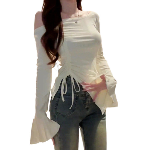 Summer bell-sleeve off-shoulder T-shirt for women: edgy, asymmetrical design that's slimming and figure-flattering—perfect as a chic base layer with a drawstring accent.