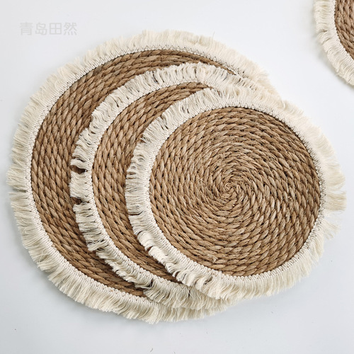 Amazon tassel edge straw placemat thickened insulated casserole mat cattail woven placemat mixed dining table plate mat