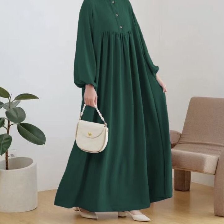In-Stock New Cross-Border Loose Round-Neck Puff Sleeve Long-Sleeve Solid Color Long Dress Factory Wholesale In-Stock New Cross-Border Loose Round-Neck Puff Sleeve Long-Sleeve Solid Color Long Dress Factory Wholesale
