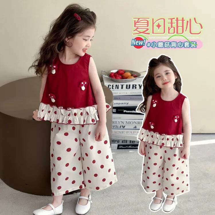 Girls' Summer Outfit New Style Fashionable and Super Cute Korean Version Summer Thin Polka Dot Mushroom Vest Two-Piece Set