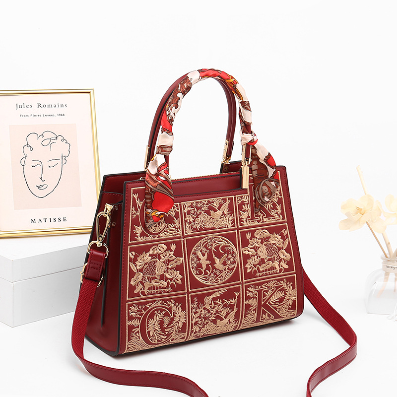 Bolso bordado estilo chino bolso de la mujer de gran capacidad bolso de la madre elegante bordado estilo étnico bolso de la boda Rojo